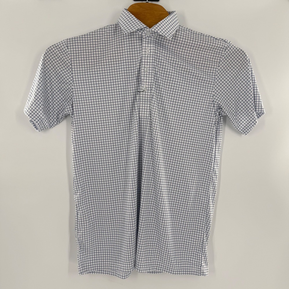 Collars & Co Mens Dress Collar Polo Shirt Large White Navy Blue Grid Check‎ L
